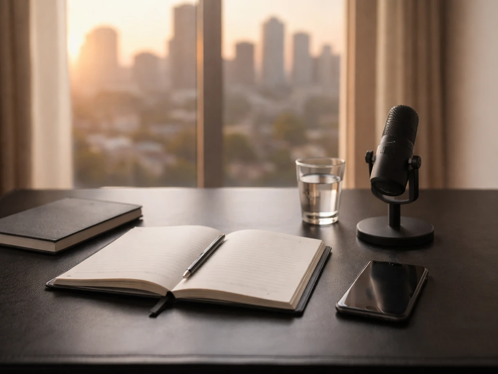 Minimal luxury desk setup with microphone and city view, suggesting comparison of finances