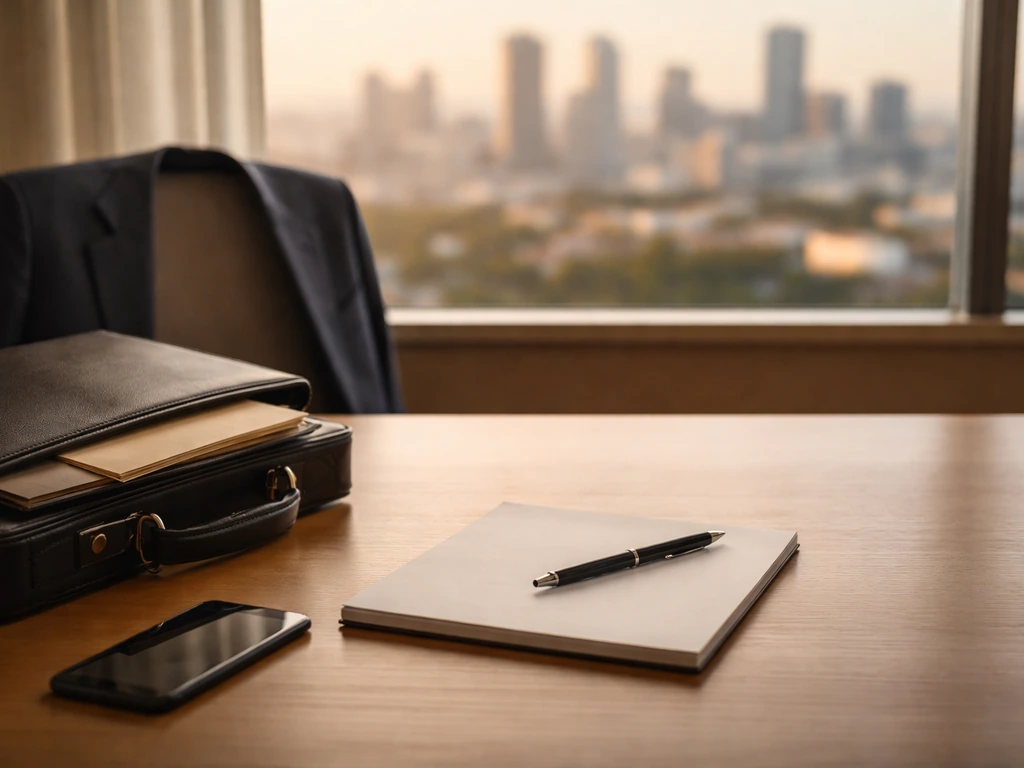 Minimal desk scene with suit, briefcase, pen, and blank notepad, suggesting international club earnings.