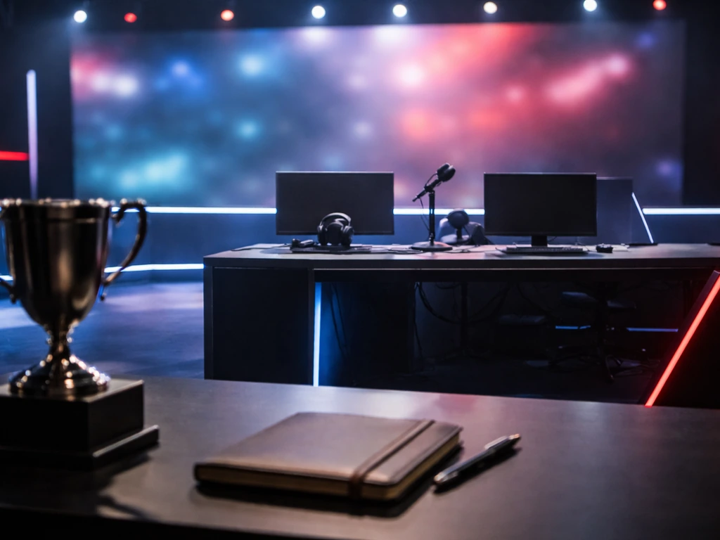 Empty esports arena desk with headset and microphone, neon glow, trophy-like centerpiece in minimal scene.