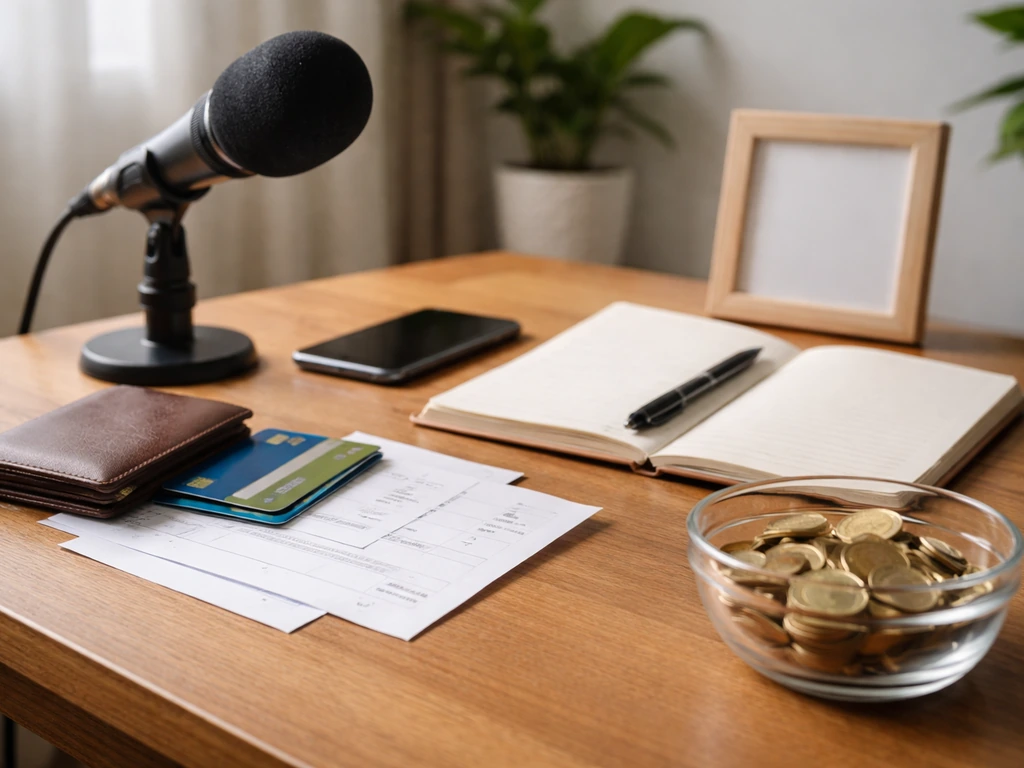 Minimal photo of a financial desk setup with a microphone, papers, and a small stack of coins symbolizing wealth breakdo