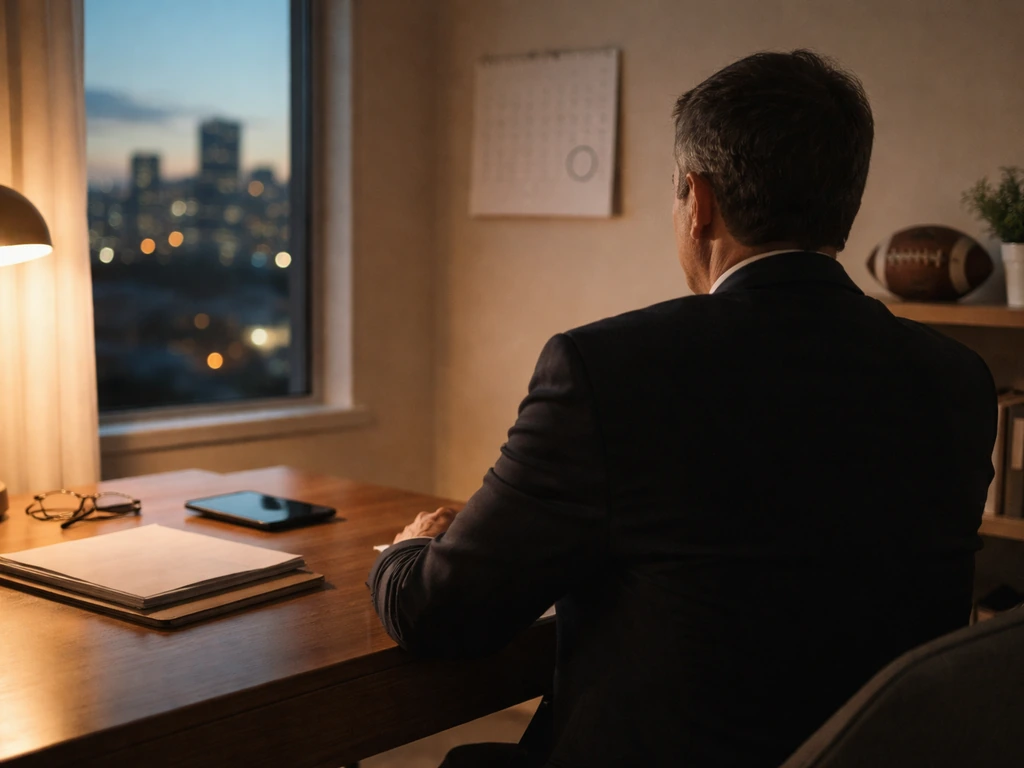 Anonymous man in a dark suit at a quiet desk by a window, with an unbranded calendar suggesting retirement.