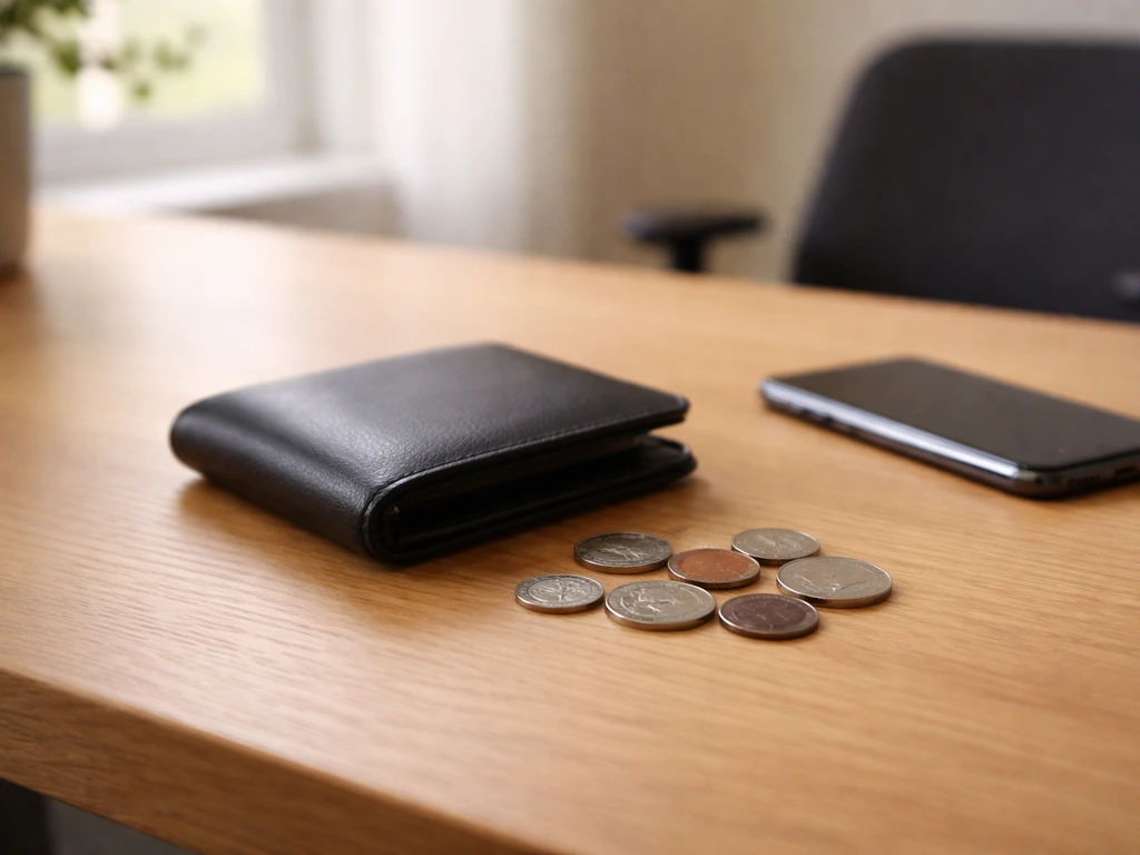 Minimal desk scene with a smartphone, wallet, and scattered coins symbolizing a net worth breakdown