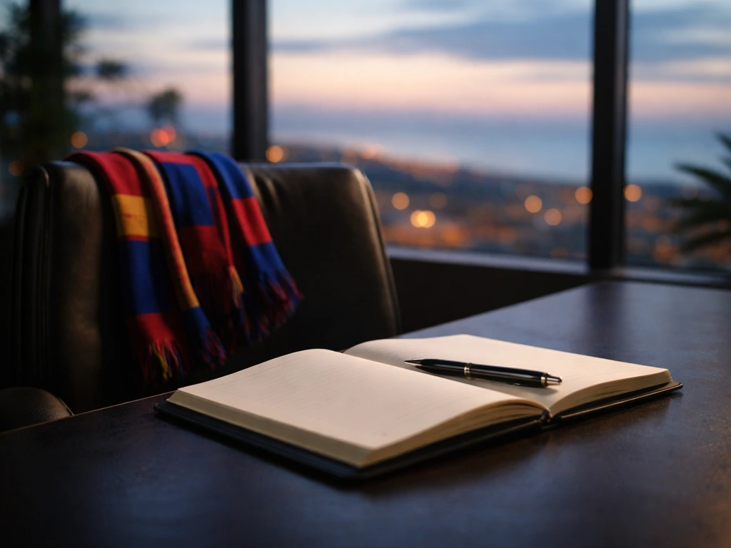 Minimal luxury office desk with a Barcelona-themed scarf, subtle city light blur suggesting earnings acceleration.