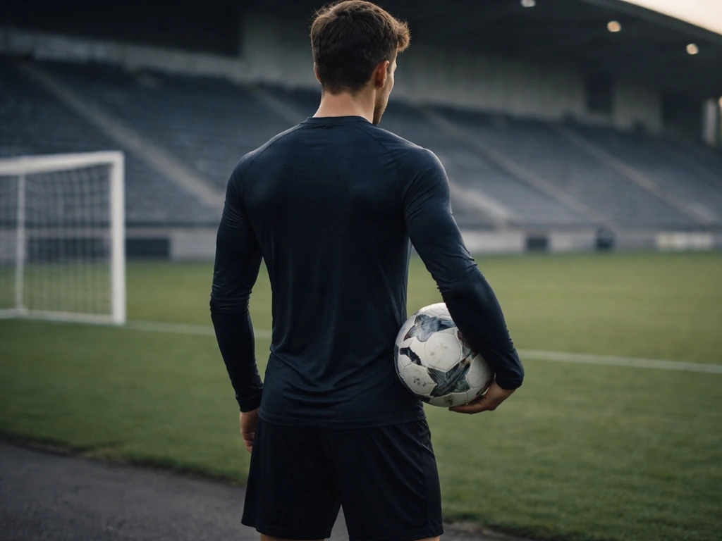 Anonymous football winger in dark training kit holding a ball on a quiet pitch near a stadium at dusk.