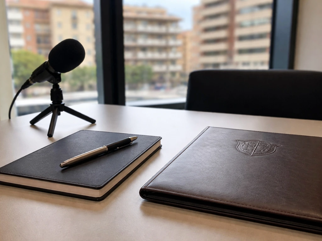 Desk with microphone and notebook near a blurred city window, symbolizing media and compensation structure.