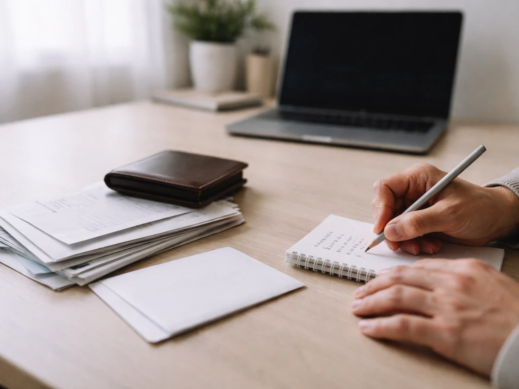 Anonymous hands on a desk with financial documents and wallet, symbolizing assets minus liabilities.