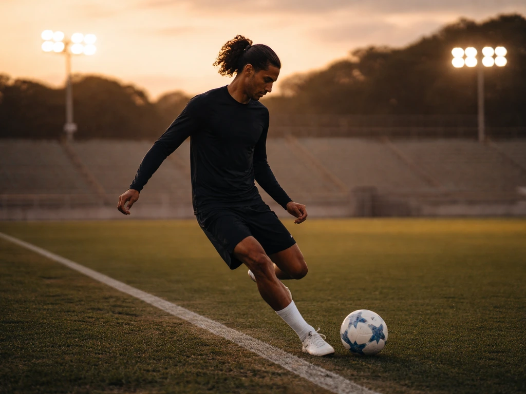Anonymous footballer kicking a ball on a quiet pitch at golden hour, stadium blurred in background.