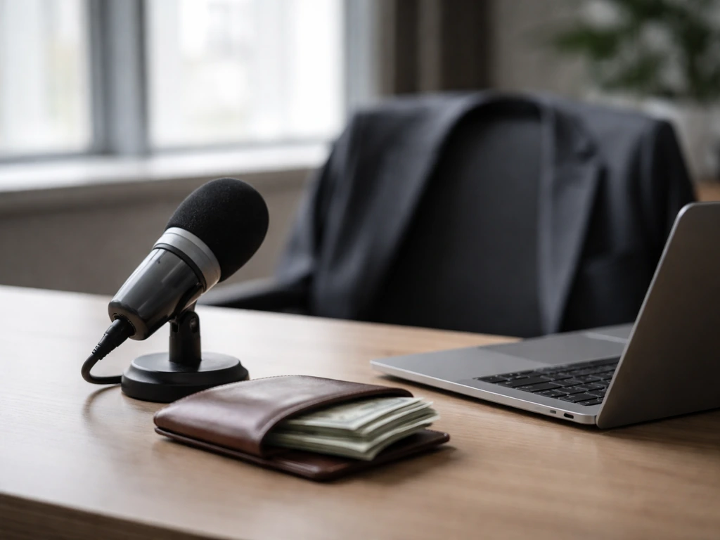 A quiet, upscale sports-business office scene with a microphone, laptop, and a leather wallet beside cash envelopes.