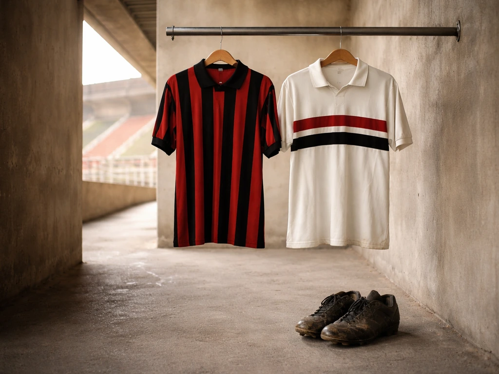 Hanging club soccer jerseys and boots in a quiet stadium tunnel, evoking early São Paulo and AC Milan years.