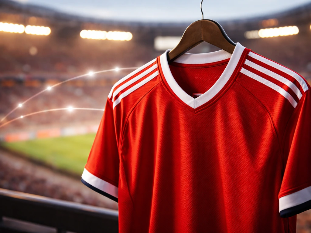 FC Bayern-style red jersey hanging in front of a Bavarian stadium view, subtle abstract timeline behind.