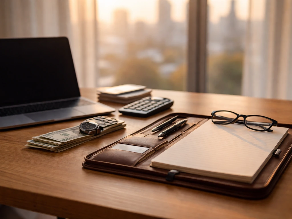Open portfolio with banknotes and calculator on a wooden desk, city skyline blurred in the background.