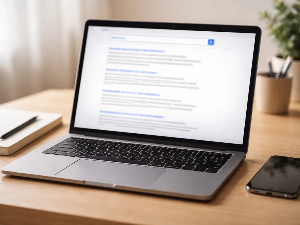 Laptop on a desk showing blurred, non-readable web search results about net worth claims.