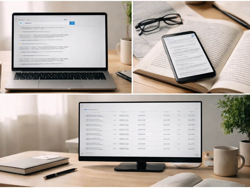 Minimal desk setup with laptop search, blurred reference pages, and a real-time list display for due diligence.