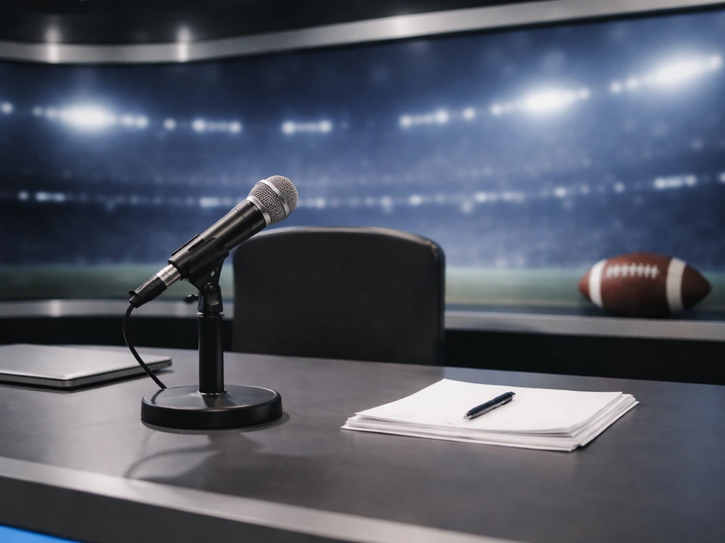 Empty sports newsroom desk with microphone and football-themed backdrop, symbolizing a sports journalist setting.