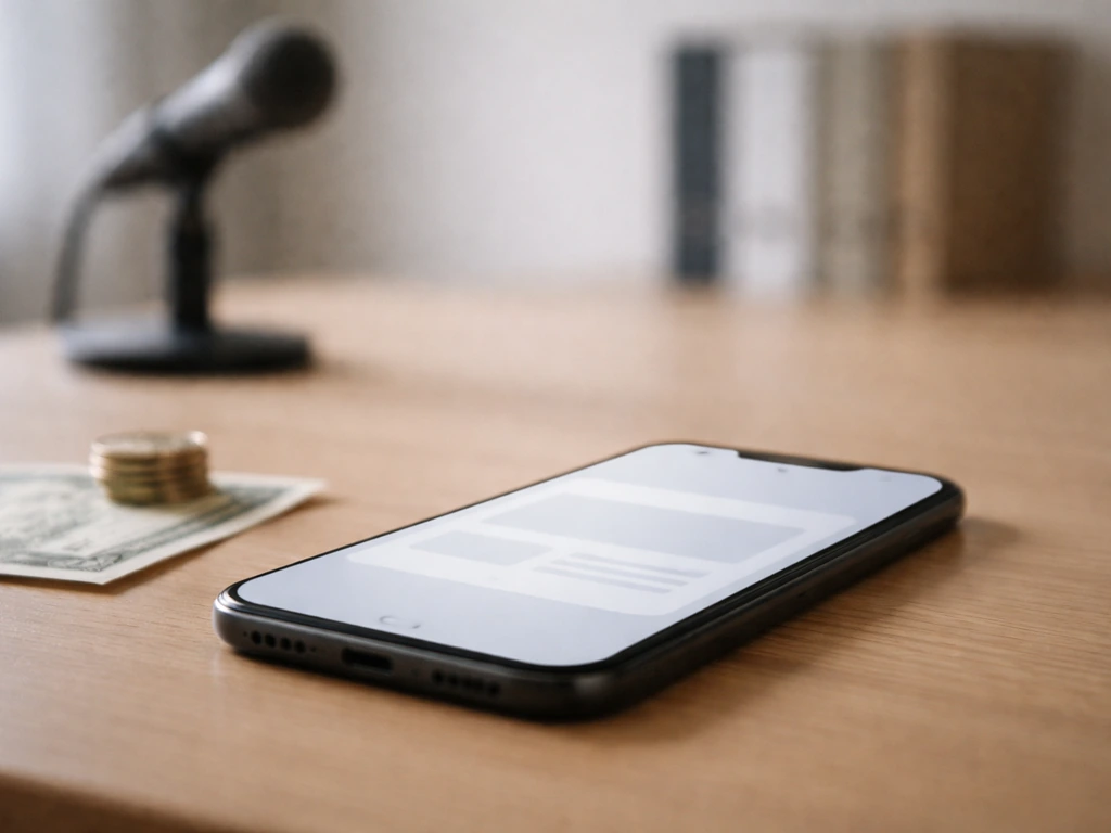 Minimal desk scene with a smartphone showing a blank range card for a net worth estimate concept