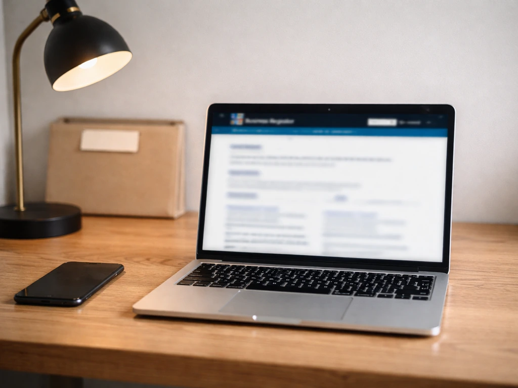 Laptop on a desk showing a blurred UK business registry page, suggesting Companies House filing context.