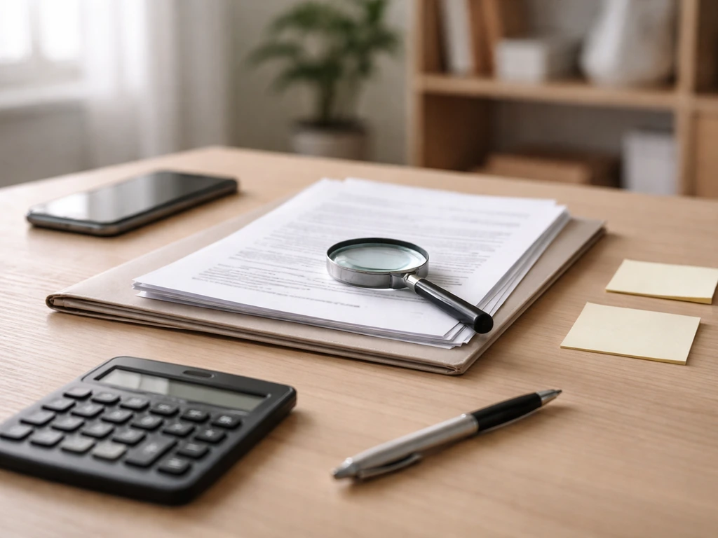 Minimal checklist scene with a smartphone, documents, and a calculator on a desk