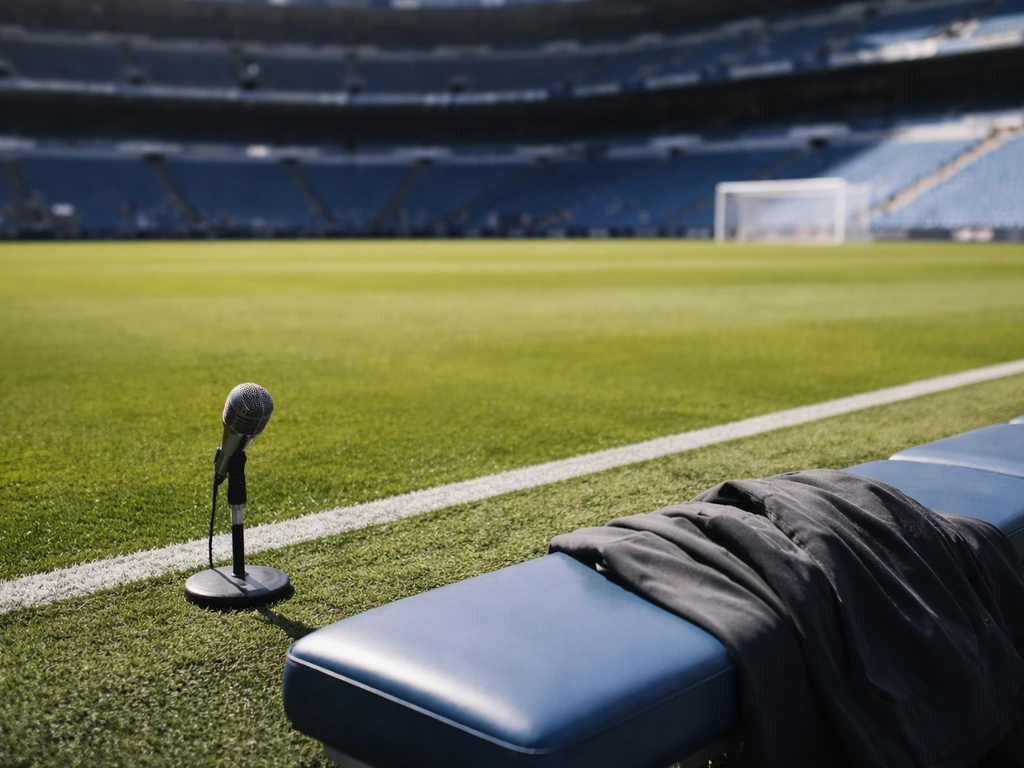 Empty football stadium pitch with a lone microphone and jacket near the sideline, symbolizing a high-profile signing.