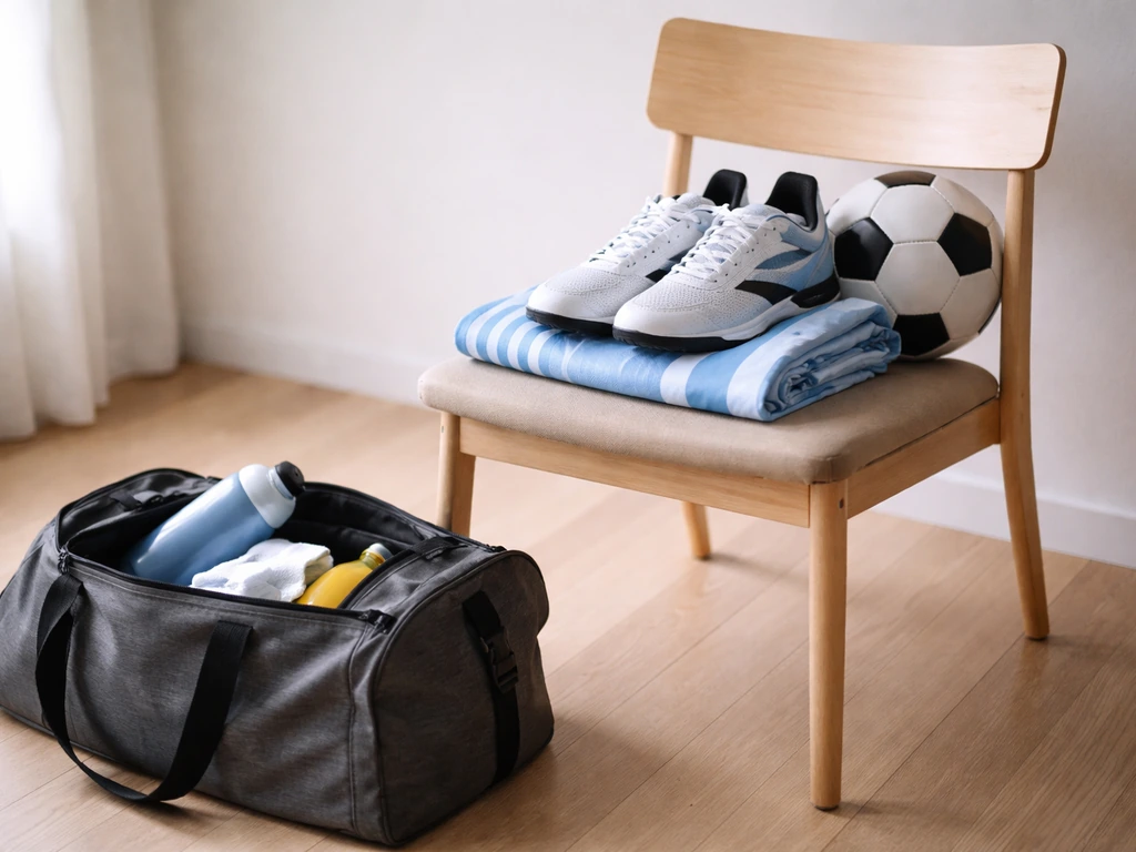 Minimal photo of sports sponsorship theme: Adidas-style apparel on a chair near a football in a quiet room