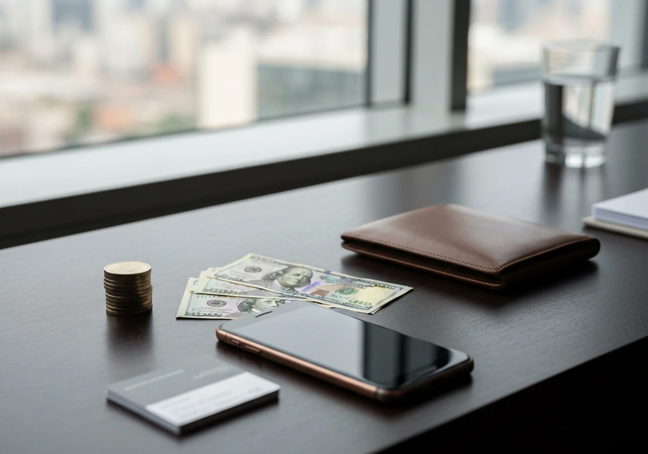 Minimal photo of a luxury desk with scattered cash, a smartphone, and a coin near soft daylight