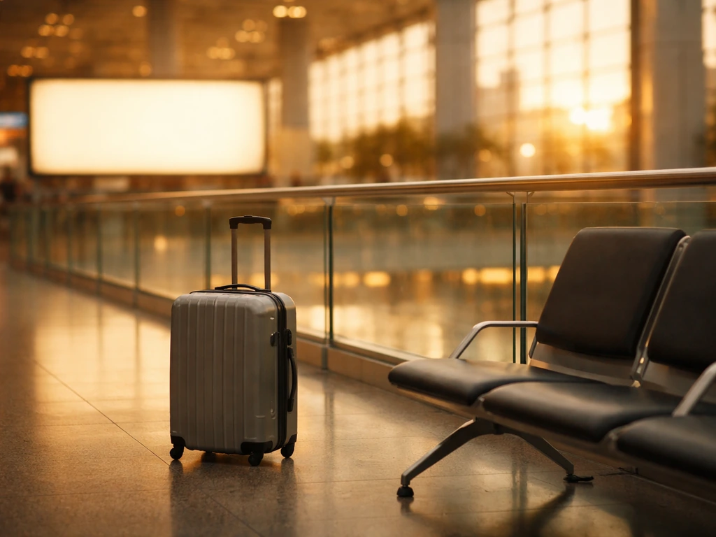 Minimal photo of a modern airport terminal at golden hour with a blurred advertising-style backdrop