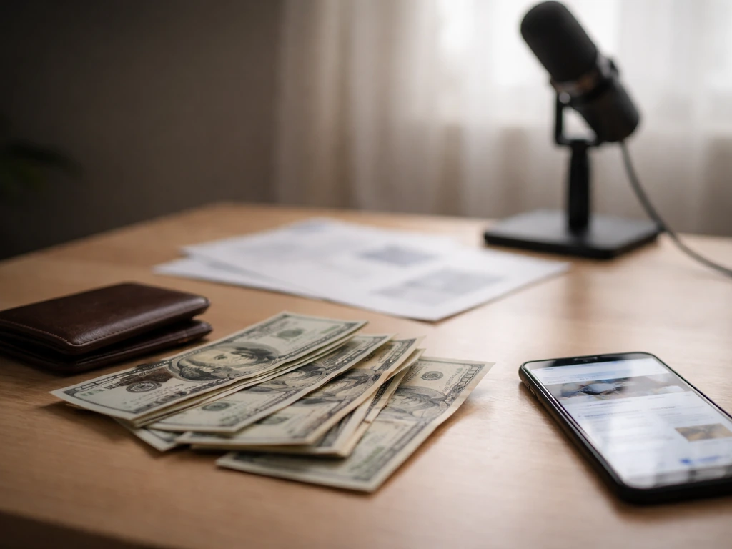 Minimal desk scene with scattered cash and a smartphone showing blurred finance media coverage
