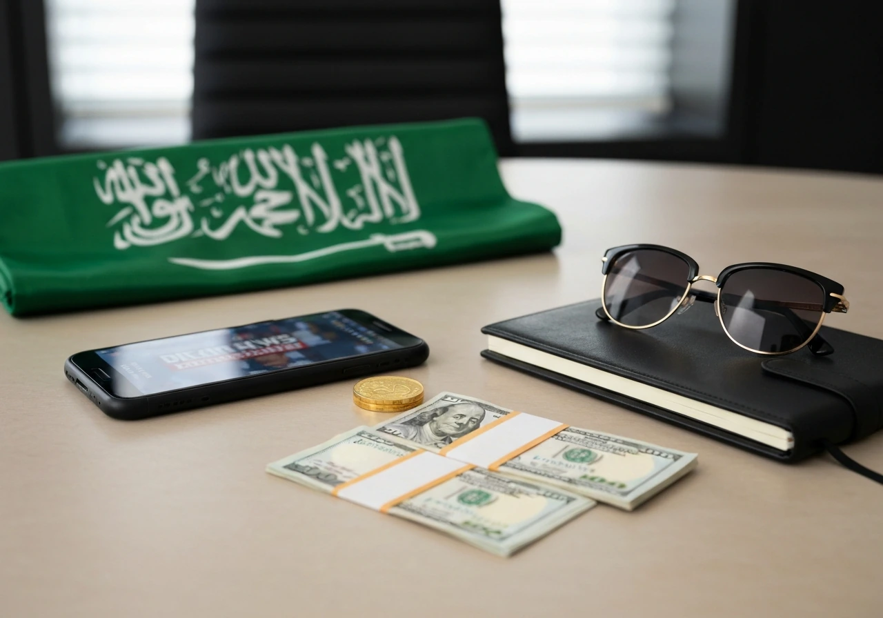 Luxury desk with gold coin, blank banknotes, and blurred sports phone screen symbolizing athlete wealth sources