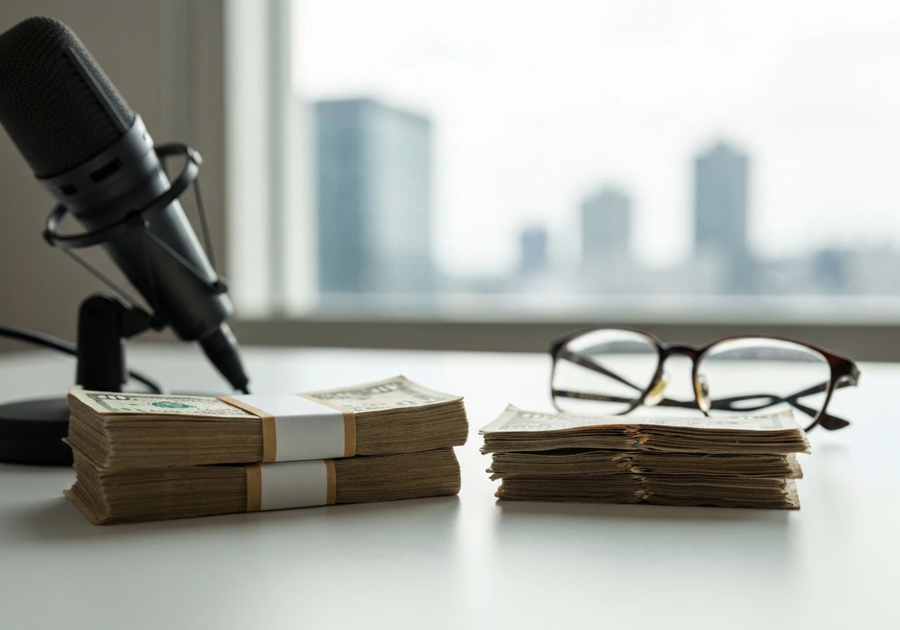 Two contrasting stacks of money on a desk with a microphone and blurred city view, symbolizing differing estimates.