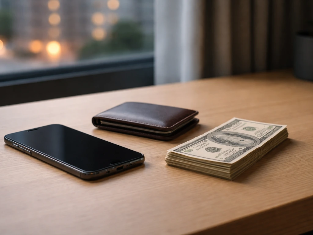 Minimal office scene with a smartphone and money-themed props suggesting a media estimate context