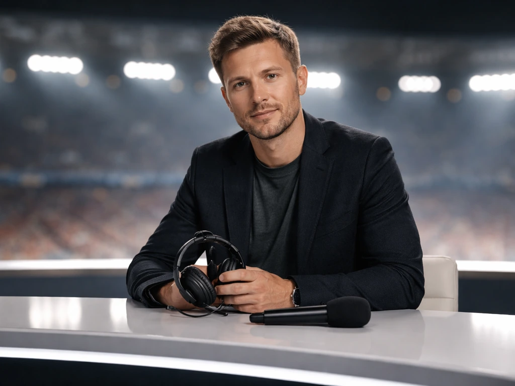 BT Sport-style studio scene with a football pundit at a desk, suggesting media work