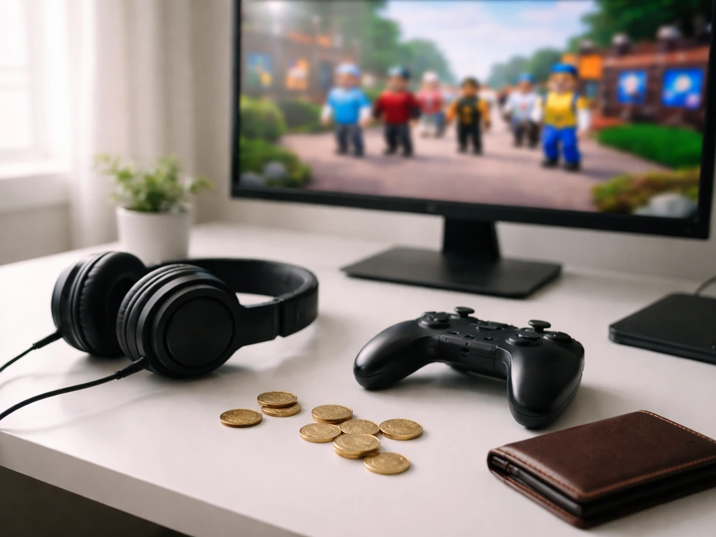Minimal gaming creator desk with a headset, controller, and subtle money-themed props for net worth topic