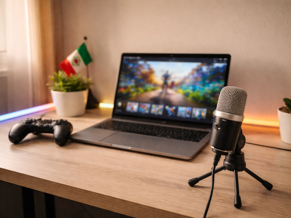 Minimal photo of a gaming laptop setup with a controller and warm studio light in a casual home workspace