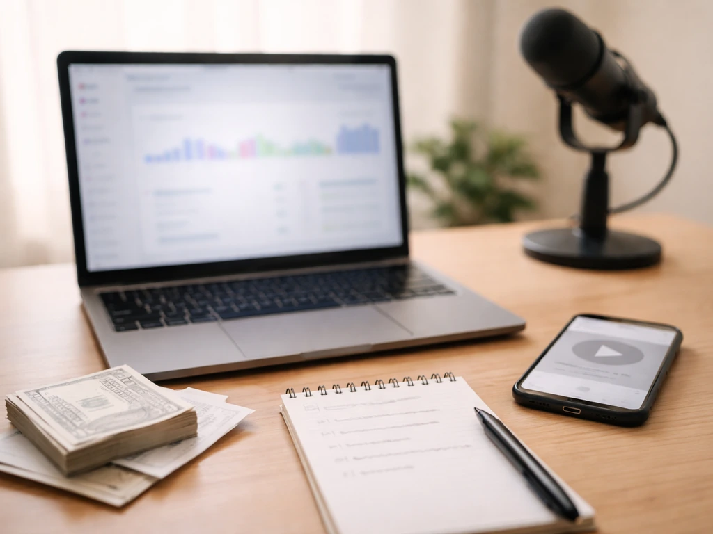 Desk setup with laptop analytics glow, smartphone, notepad lines blurred, microphone background—creator revenue analysis