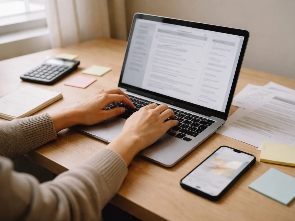 Hands verifying finances on a laptop with a calculator and blank checklist paper on a quiet desk.