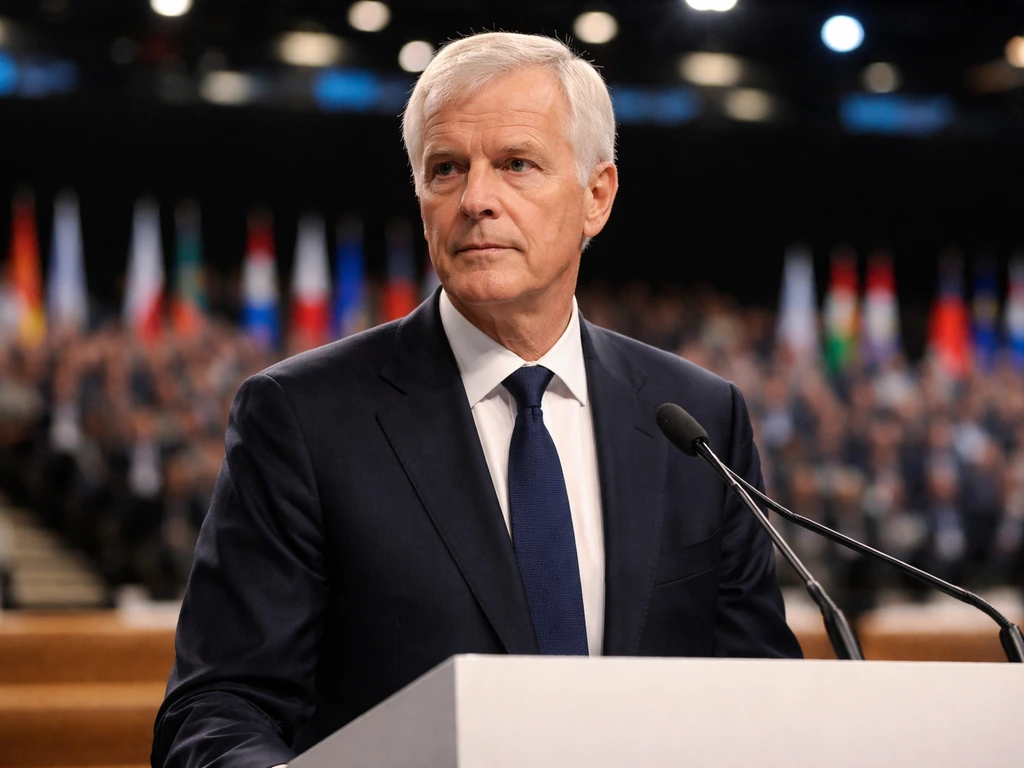 Older suited man standing at a sports event podium with a blurred conference hall behind him.
