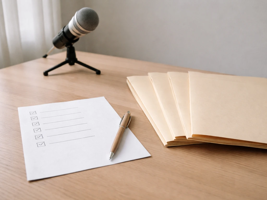 Minimal photo of a checklist with document folders and a microphone on a desk, suggesting reliable reporting sources.