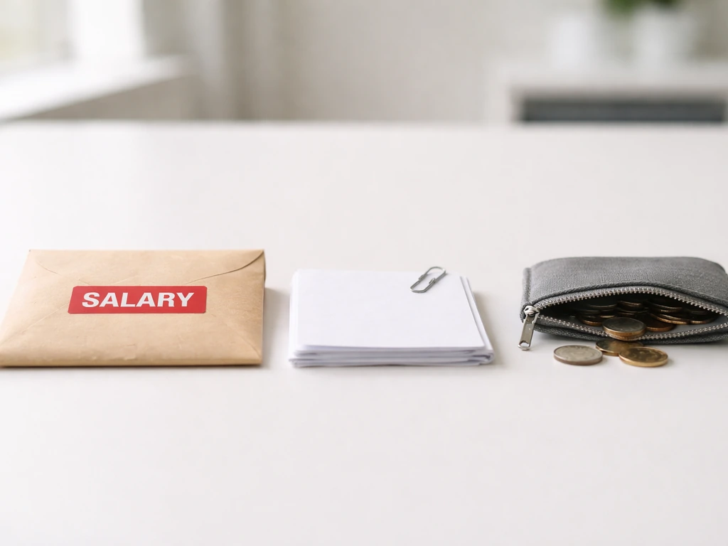 Three distinct desk items side-by-side symbolizing salary/bonuses, contract salary, and pension contributions.