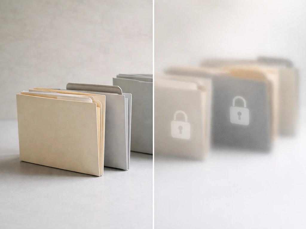 Minimal split scene with blurred locked folders over a muted Swiss map texture, symbolizing verified vs unitemized items