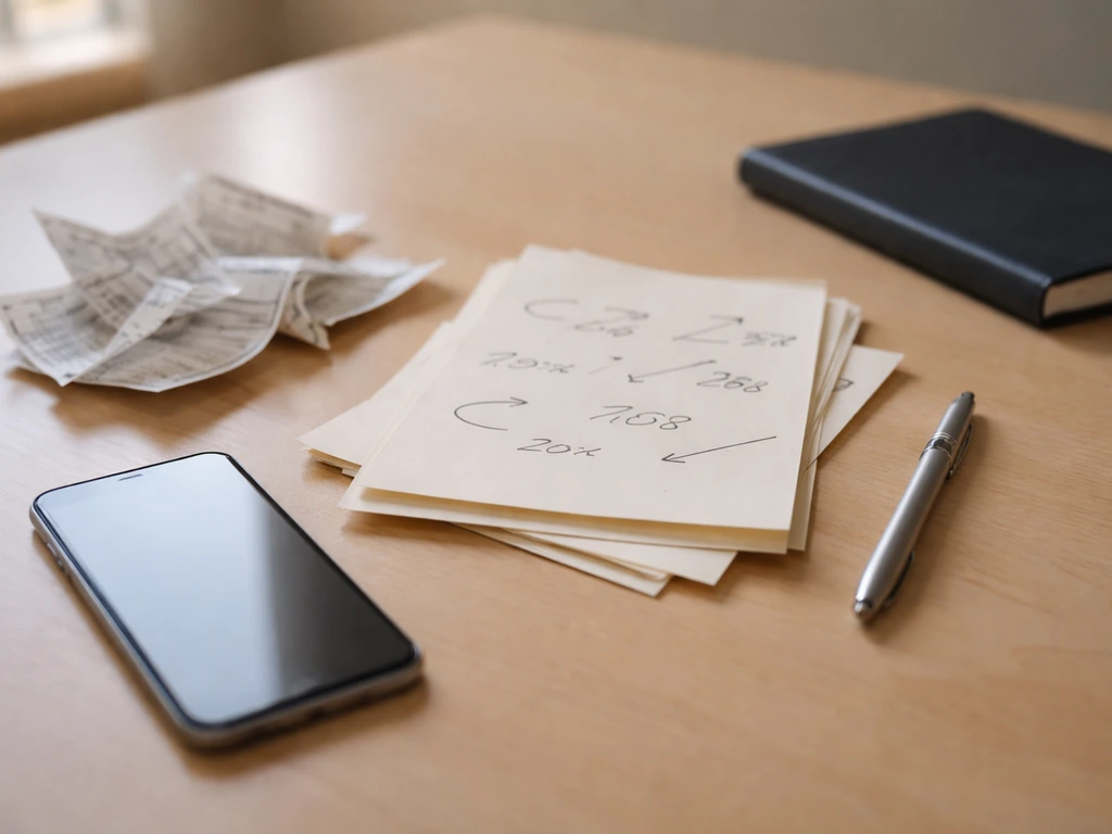 Mismatched printed money estimates scattered on a desk, symbolizing inconsistent online net worth figures