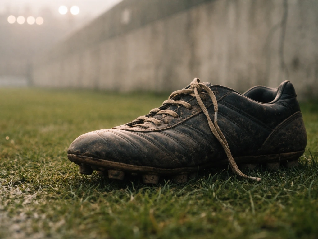 Close-up of an anonymous football boot on a pitch beside a weathered stadium wall, hinting at fame and wealth.