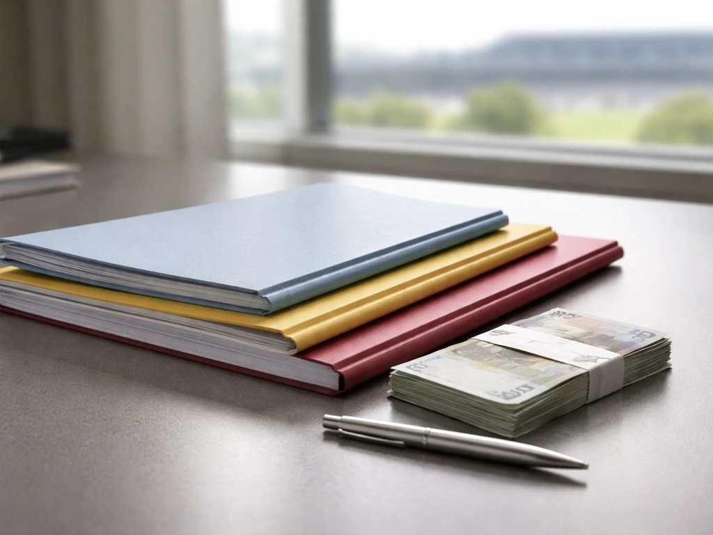 Minimal desk scene with three stacked folders labeled by color, suggesting club contract stages and big salary years