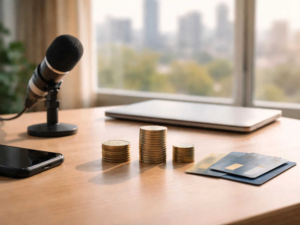 Minimal desk scene with coins, credit cards, smartphone, and microphone suggesting earnings, endorsements, and media inc