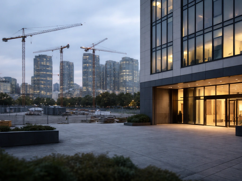 Modern construction site at dusk with cranes and a real-estate office exterior, symbolizing earnings and net worth.
