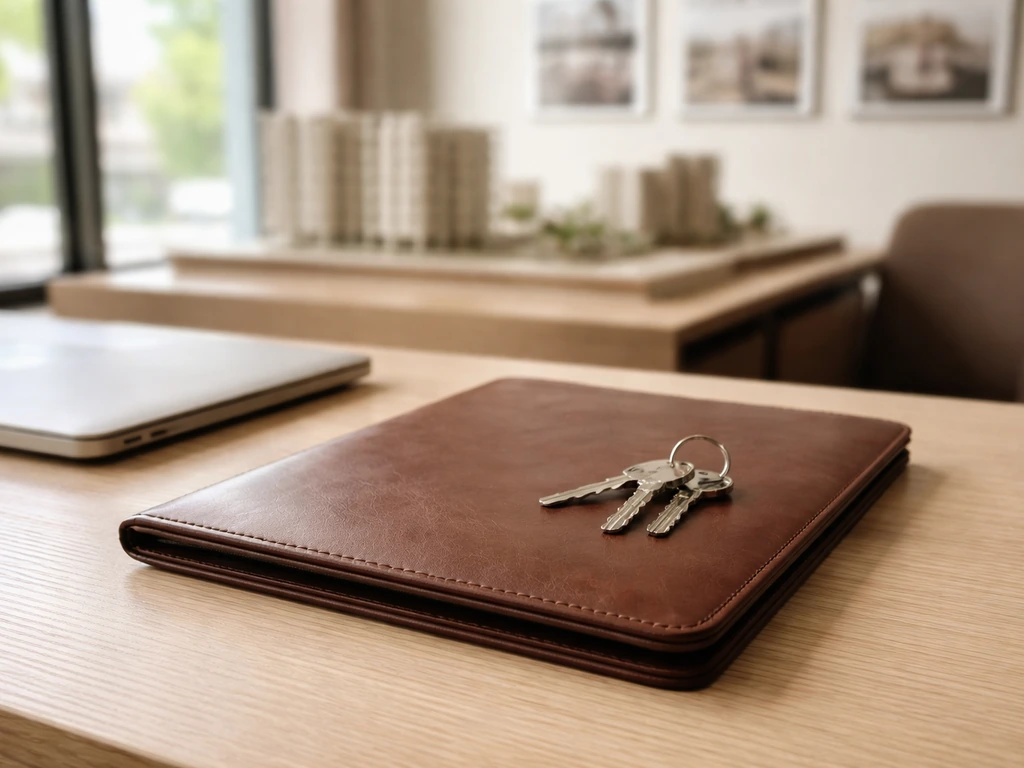Minimal office scene with a leather portfolio and keys, suggesting real estate and construction leadership