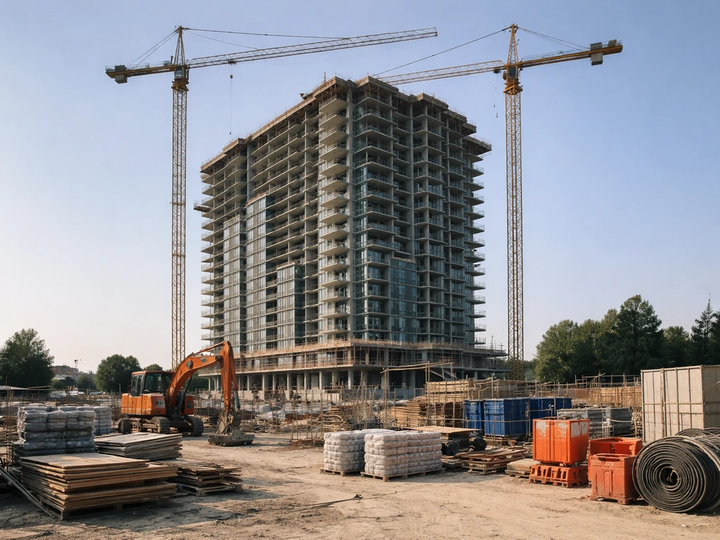 Cranes and construction activity at a modern condo development site in Canada.
