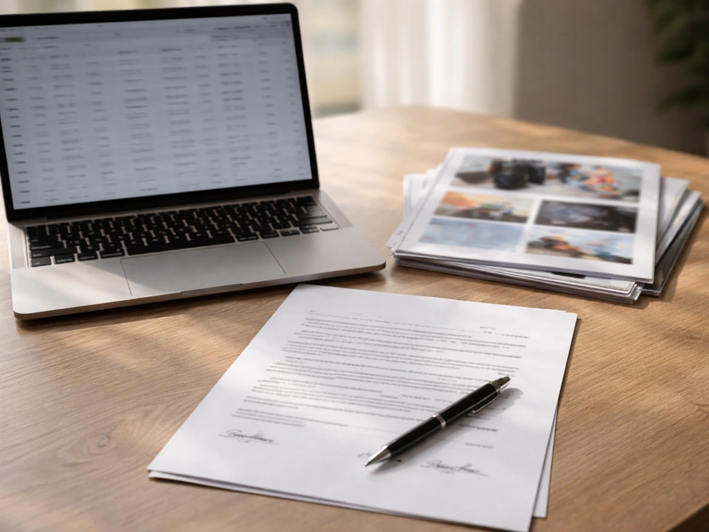 Close-up of a laptop showing a generic document, plus a sponsorship contract and media kit materials on a desk.