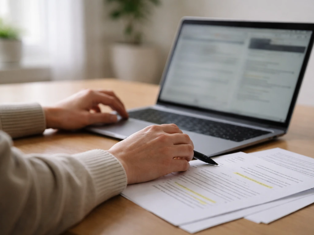 Anonymous hands reviewing laptop pages with printed notes on a desk, suggesting estimate verification steps.