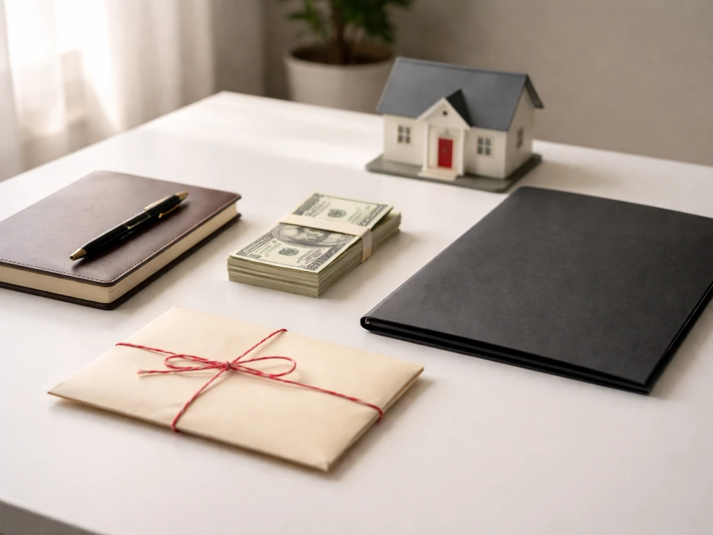 Minimal studio desk scene symbolizing assets minus liabilities for a footballer—cash, investments, and a loan envelope.
