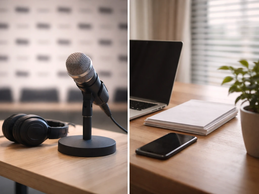 Split photo: microphone and press-style desk on one side, laptop and documents for startup investing on the other.