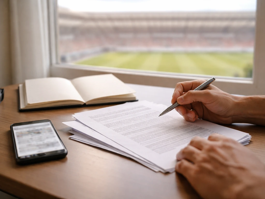 Anonymous hands reviewing blank documents beside a phone and notes, symbolizing source verification.